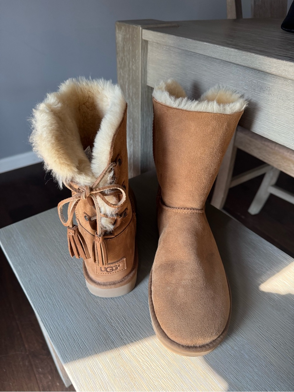 UGG Chestnut Suede Shearling Mid-Calf Boots w/ Tassel Laces